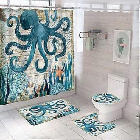 Ensemble de 4 rideaux de douche pieuvre avec tapis antidérapant, couvercle de toilette et tapis de bain, rideau de douche imperméable vintage avec 12 crochets