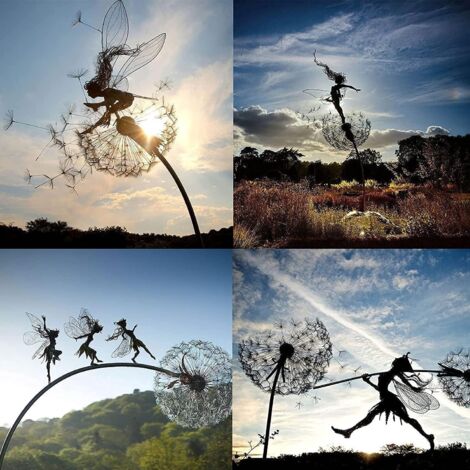 Ensemble de 4 silhouettes de fées de jardin dansant avec des pissenlits