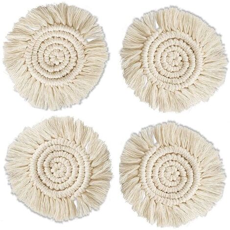 Ensemble de 4 Sous-Verres en Macramé FabriquéS à la Main - Dessous de Verre en Macramé Tissé en Corde de Coton Fait à la Main avec Gland Boho DéCoration de la Maison