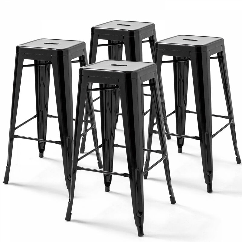 Oviala - Lot de 4 tabourets de bar acier noir brillant