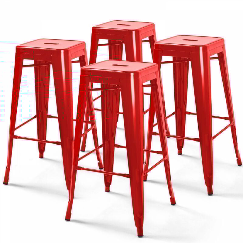 Oviala - Lot de 4 tabourets de bar acier rouge brillant
