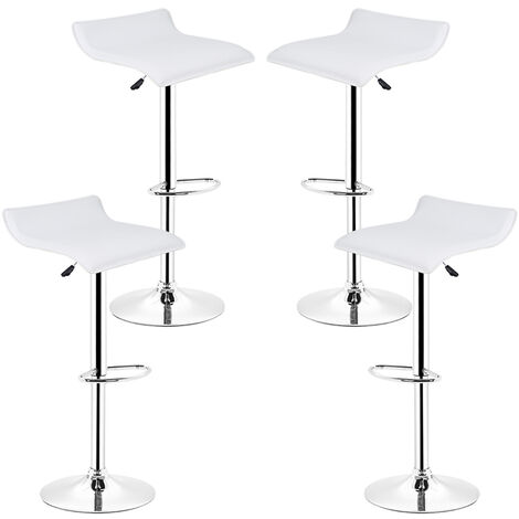 Ensemble de 4 Tabourets de Bar, Elévateur à Gaz Pivotant Réglable, Repose-Pieds et Base en Acier Chromé pour Comptoir Bar et Cuisine, Blanc
