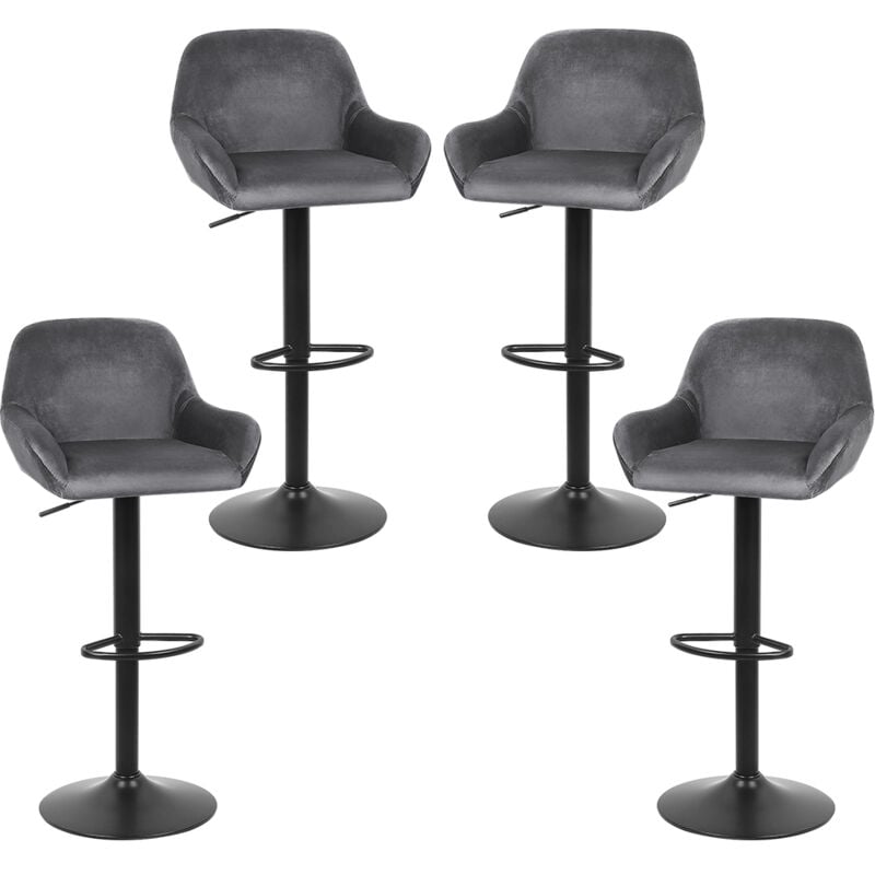 Lot de 4 Tabouret de Bar，en velours，Reglable en Hauteur et Pivotant，avec Dossier et Accoudoirs, gris foncé