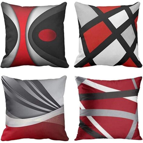 Ensemble de 4 taies d'oreiller carrées, 45x45 cm, à rayures rouges et grises, style abstrait moderne.