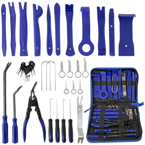 Ensemble de 40 pièces d'outils en plastique bleu pour la réparation audio de voiture, comprenant un levier et un tournevis pour le démontage des panneaux de porte intérieurs.