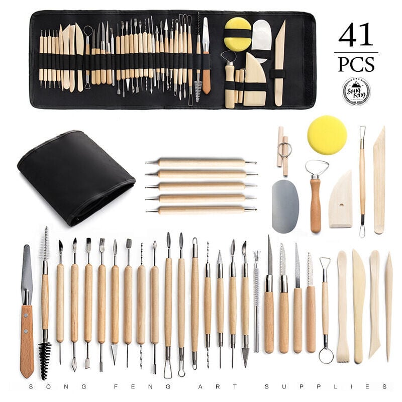 Forehill - Ensemble de 41 pièces sac à roulettes argile molle en plastique couteau à découper auxiliaire pointe stylo perceuse outil de poterie