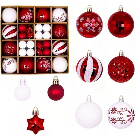 Ensemble de 44 boules de Noël en plastique incassables à suspendre, décorations de Noël (rouge et blanc)