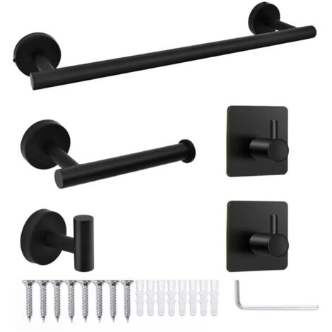 Ensemble de 5 accessoires de salle de bain : porte-serviettes, porte-papier toilette, crochet adhésif, ensemble multifonction noir