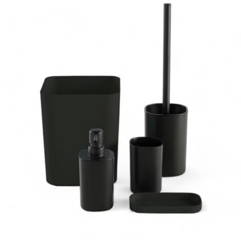 Ensemble de 5 accessoires de salle de bain - TODAY - UTILITY - Distributeur de savon, porte-brosse à dents, porte-savon, brosse WC, poubelle - Noir