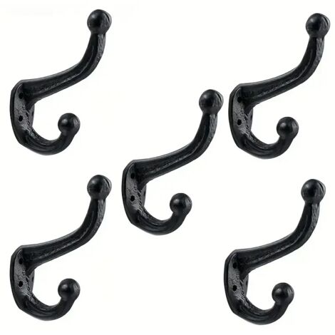 Ensemble de 5 crochets muraux en fonte noire  Modèle à double tête  Noir antique  Décoration vintage  Rangement pour vêtements et chapeaux
