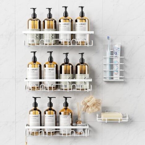 Ensemble de 5 étagères de rangement pour salle de bain en acier inoxydable, sans vis ni perçage.