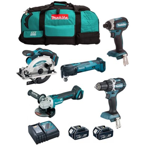 Ensemble de 5 machines MAKITA 18V Li-Ion 5.0 Ah - Scie circulaire + Visseuse + Perceuse + Meuleuse + Découpeur-ponçeur - DLX5021TX1