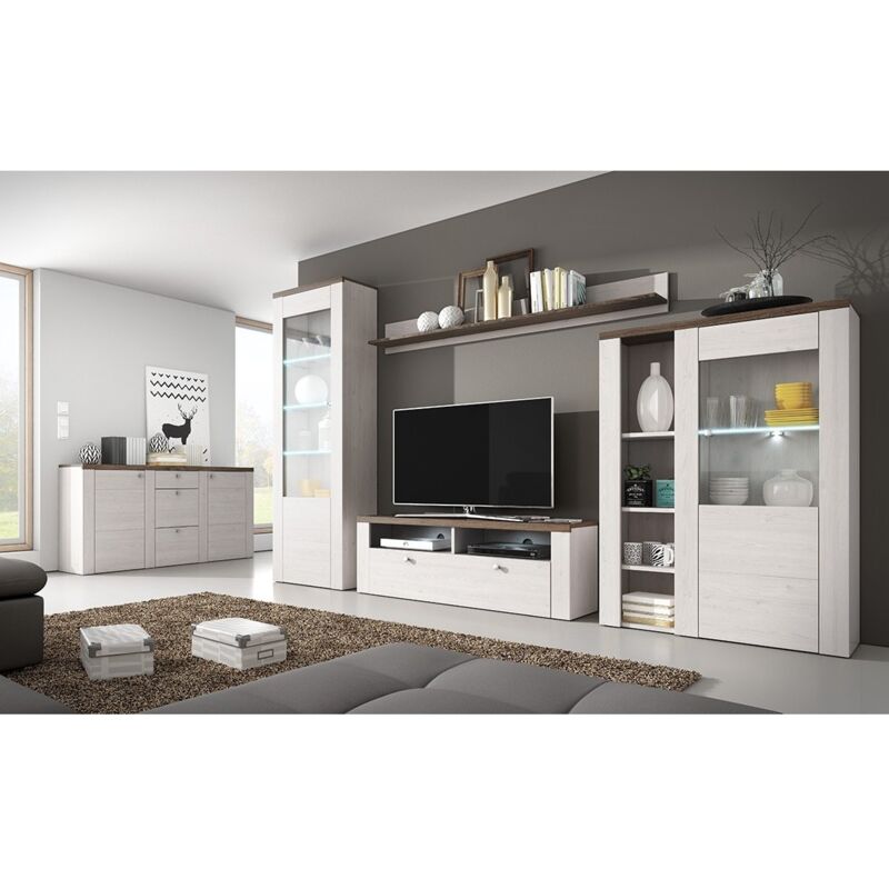 Ensemble de 5 meubles de salon collection SANTIAGO. Coloris blanc effet bois et chêne.