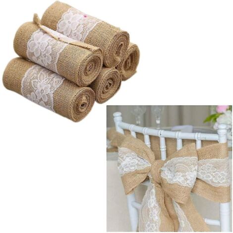 Ensemble de 5 nœuds de chaise en toile de jute et dentelle - Nœuds décoratifs rustiques en lin pour housses de chaise