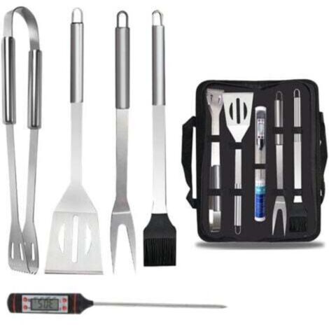 Ensemble de 5 pièces avec thermomètre, ensemble d'ustensiles pour barbecue, sac de transport en acier inoxydable, accessoires pour barbecue, Camping