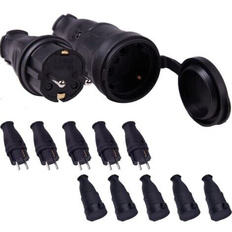 Ensemble de 5 pièces comprenant une prise et une fiche, 250 V, 16 A, 4000 W, fiche secteur étanche avec broches en caoutchouc (indice de protection IP44) – pour des sections de câble de 0,5 à 3 cm²