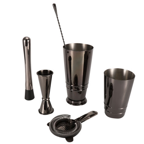 Ensemble de 5 pièces en acier inoxydable noir pour cocktail : shaker, doseur, passoire et cuillère de mélange