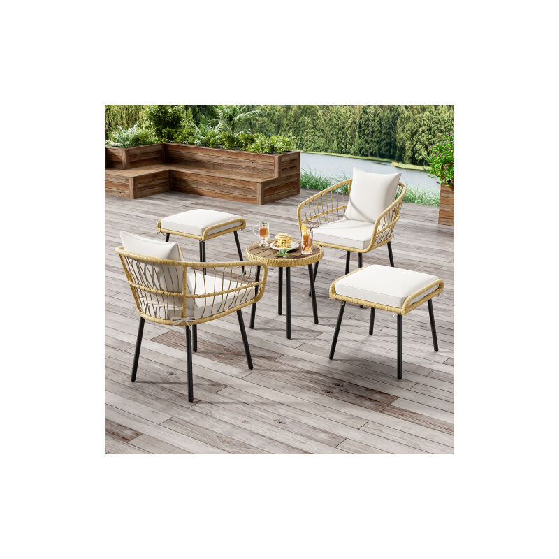 Ensemble de 5 pièces salon de jardin comprenant 1 table à manger, 2 chaises, 2 tabourets, meubles, rotin, nature