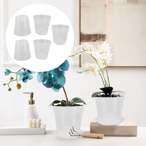 Ensemble de 5 Pots Transparents pour Orchidées avec Trou de Drainage et Socles - Ø 140mm/5.5in