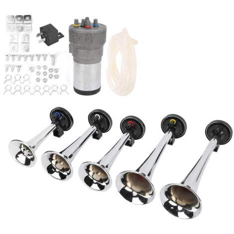 Ensemble de 5 trompettes pour voiture, 12 V avec compresseur, couleur chrome, de remplacement pour trains, bateaux et fourgonnettes