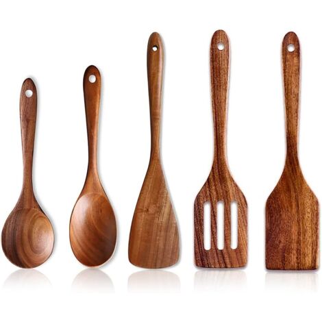 Ensemble de 5 ustensiles de cuisine en bois d'acacia non toxique, comprenant des spatules, une écumoire et des cuillères de cuisine.