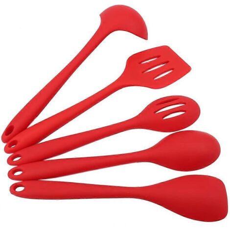 Ensemble de 5 ustensiles de cuisine rouges, louche à soupe et cuillère à riz en silicone antiadhésif et résistant à la chaleur.