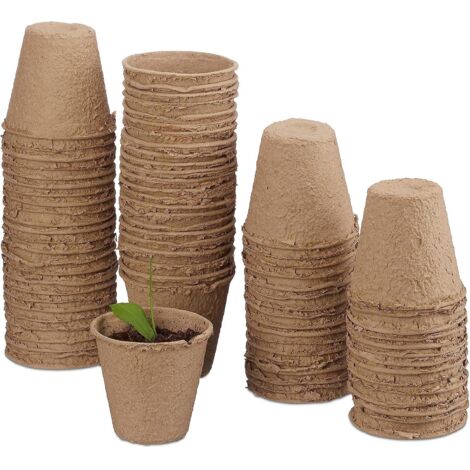 Ensemble de 50 godets de semis biodégradables en cellulose, ronds, beiges, de 8 cm de diamètre.
