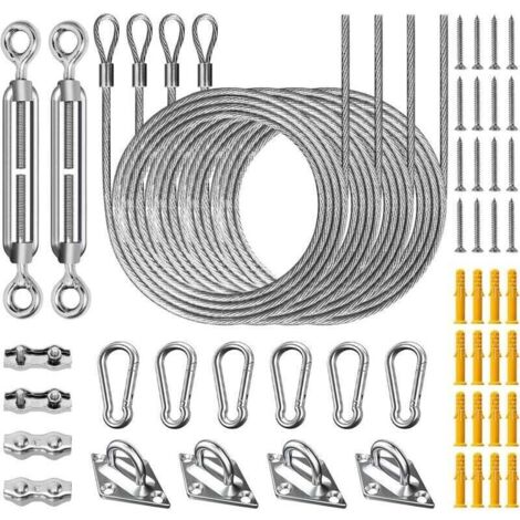 Ensemble de 52 pièces d'accessoires de quincaillerie en acier inoxydable 304 pour l'installation de voiles d'ombrage de jardin extérieur (tendeurs M6 de 15 cm x 4 câbles en acier de 2 m)