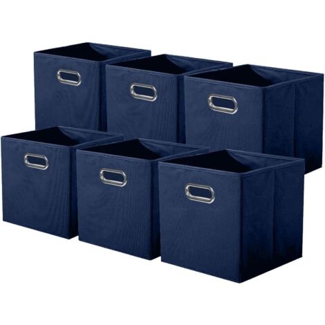 Ensemble de 6 Boîte de rangement, Tissu pliable, Poignée en métal, Pour armoire et jouets, Bleu profond