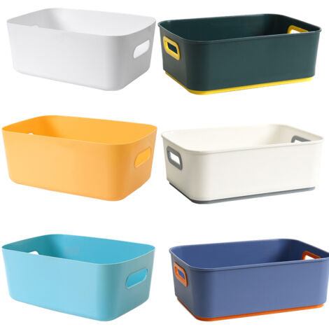 Ensemble de 6 boîtes de rangement de bureau colorées : blanc pur, vert clair, jaune vif, bleu, vert et blanc contrastés. Paniers de rangement en plastique avec poignées, multifonctionnels, adaptés aux