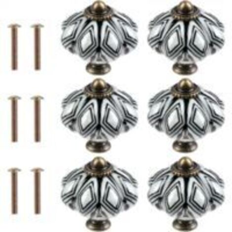 Ensemble de 6 boutons de meubles ronds en céramique noire, style citrouille antique