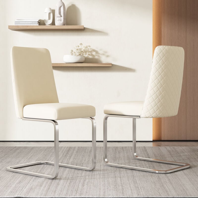 Redom - Ensemble de chaises de salle à manger en velours, dossier en diamant, pieds de support en métal argenté, Beige, lot de 2