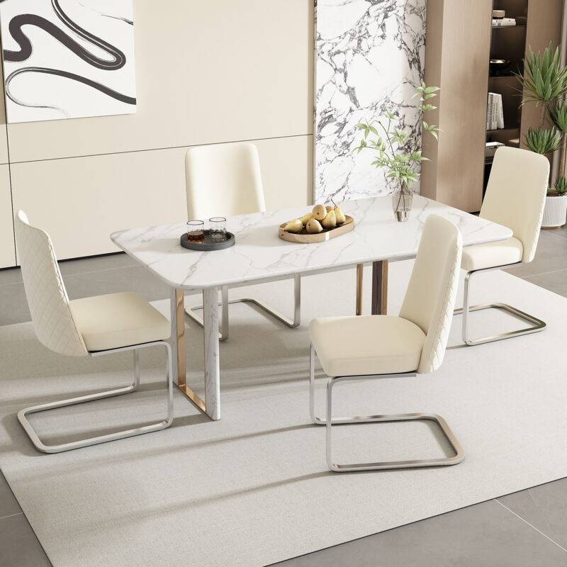 Redom - Ensemble de chaises de salle à manger en velours, dossier en diamant, pieds de support en métal argenté, Beige, lot de 4