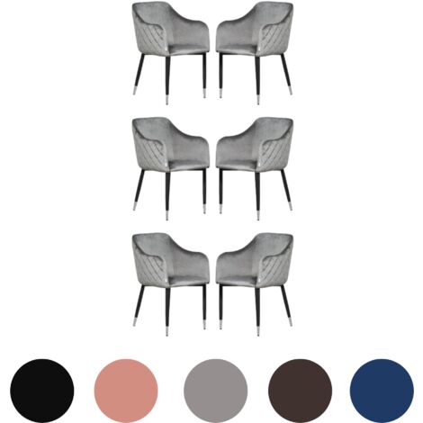 Ensemble de 6 chaises de salle à manger en velours Verona - Pieds en métal avec embouts argentés - Chaise de salle à manger - Chaise rembourrée - Chaise de salle à manger moderne - Gris