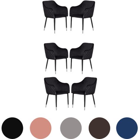 Ensemble de 6 chaises de salle à manger en velours Verona - Pieds en métal avec embouts argentés - Chaise de salle à manger - Chaise rembourrée - Chaise de salle à manger moderne - Noir