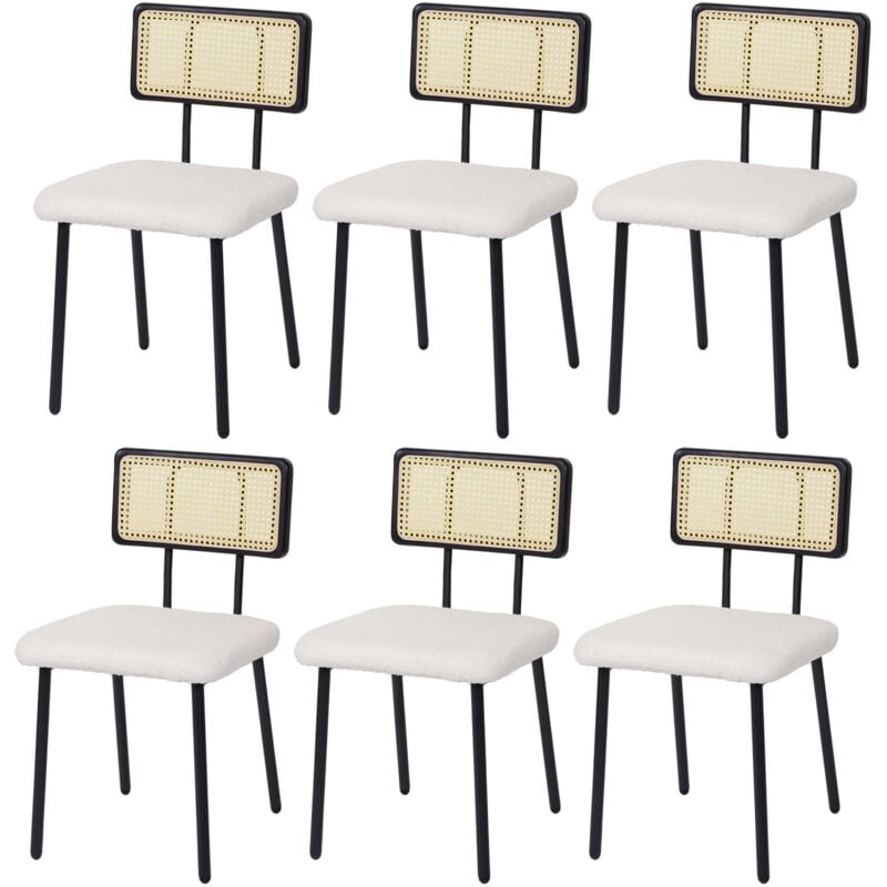 Mendler - Lot de 6 chaises de salle à manger HWC-K88 - fauteuil chaise - certifié mvg bois poly rotin métal bouclé - tissu/textile blanc