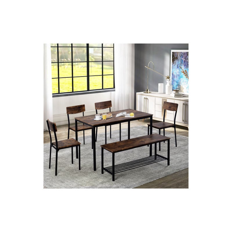 Ensemble de 6 chaises et bancs de table à manger, cadre en acier et bois, ensemble de table de cuisine de style industriel Okwish