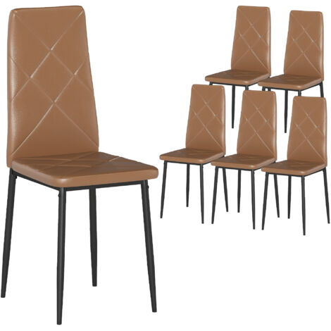 Ensemble de 6 chaises salle à manger en faux cuir, dossier haut avec coutures losange, pieds en acier, modernes pour cuisine, chambre, bureau, marron