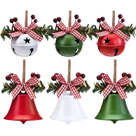 Ensemble de 6 cloches en métal à suspendre au sapin de Noël (blanche, verte, rouge)