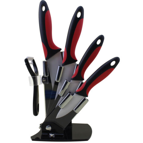 Ensemble de 6 couteaux en céramique - 4 couteaux en céramique et 1 éplucheur - Couteau utilitaire - Couteau de cuisine avec support