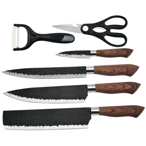 Ensemble de 6 Couteaux Martelés en Acier Inoxydable Multifonction avec Manche en Bois pour Cuisine