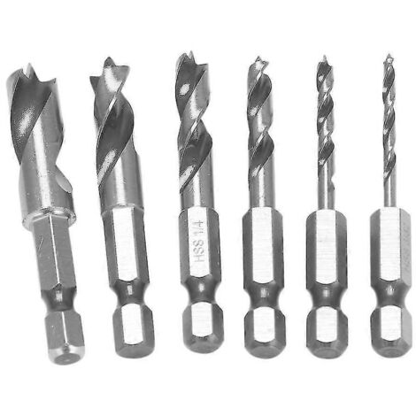 Ensemble de 6 forets courts HSS à pointe SAE pour bois avec embout hexagonal à changement rapide 1/4" (3/32", 1/8", 3/16", 1/4", 5")