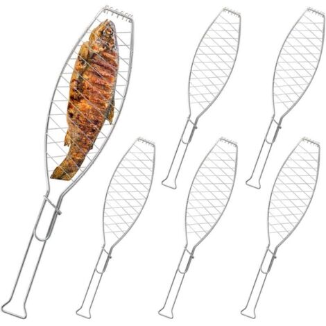 Ensemble de 6 grilles à poisson pour barbecue, en acier inoxydable, avec poignée, 54 cm de long, couleur argent.