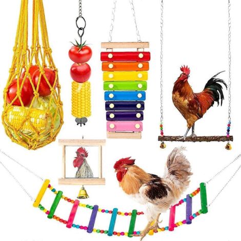 Ensemble de 6 jouets pour perroquets : balançoire, perchoir, échelle, jouet musical, miroir, mangeoire à légumes suspendue.