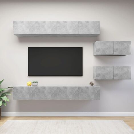 Ensemble de 6 meuble TV - Armoire Télévision Moderne  Banc TV Gris béton Aggloméré -FR28572