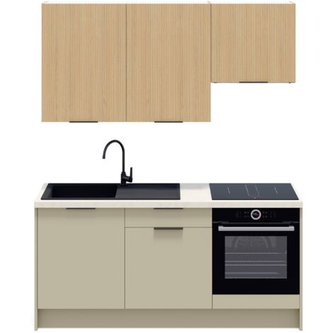 Ensemble de 6 meubles de cuisine - L. 185 cm - vert sauge et chêne clair cannelé - Luzia Mix