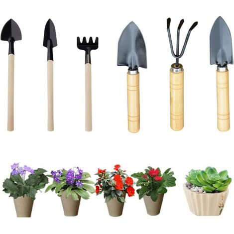 Ensemble de 6 mini-outils de jardin avec manche en bois, mini