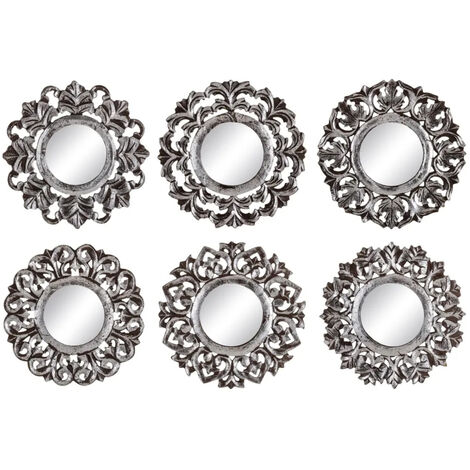 Ensemble de 6 Miroirs muraux en bois brun patiné argent