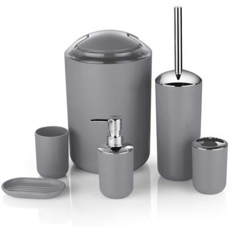Ensemble de 6 pièces pour salle de bain : poubelle décorative, brosse de toilette, flacon de lotion, porte-brosse à dents, boîte à savon (Six pièces - Gris)