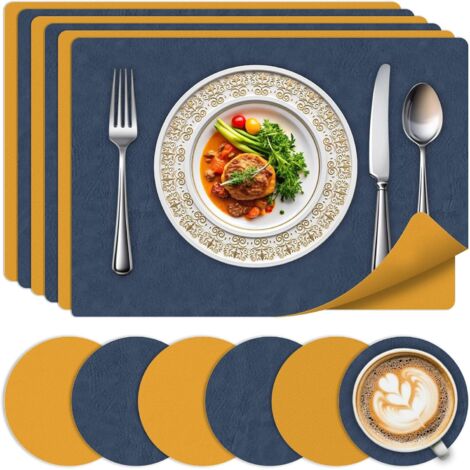 Ensemble de 6 sets de table lavables - Imperméables, résistants à la chaleur et lavables, ces sets de table en cuir double face conviennent à la cuisine, à la maison et à la salle à manger. Bleu et ja